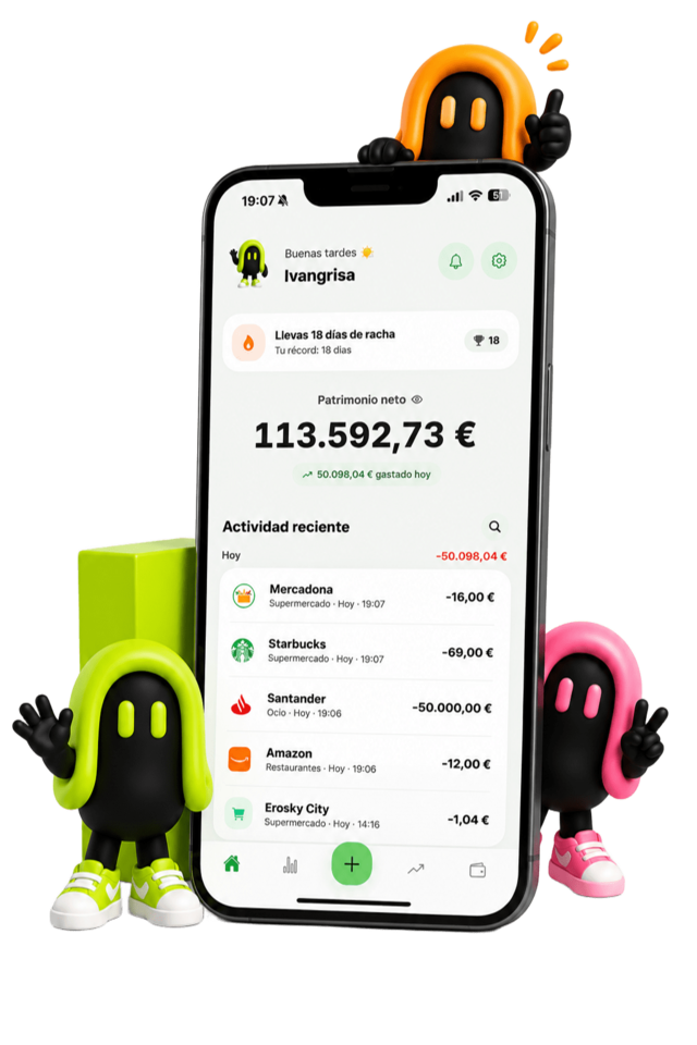 Mascotas de Neto junto a la app mostrando el patrimonio neto